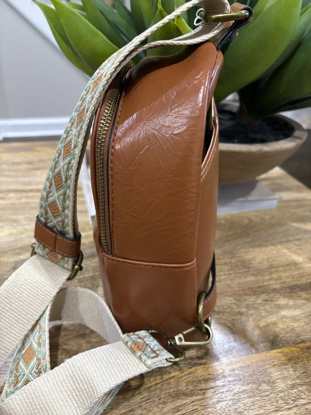 Crossbody Backpack with Patterned Strap